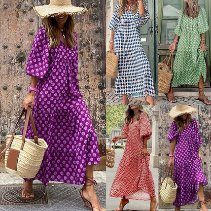 Women 3/4 Sleeve Maxi Dress Baggy Tunic V Neck Dresses Printed Boho Party Beach
