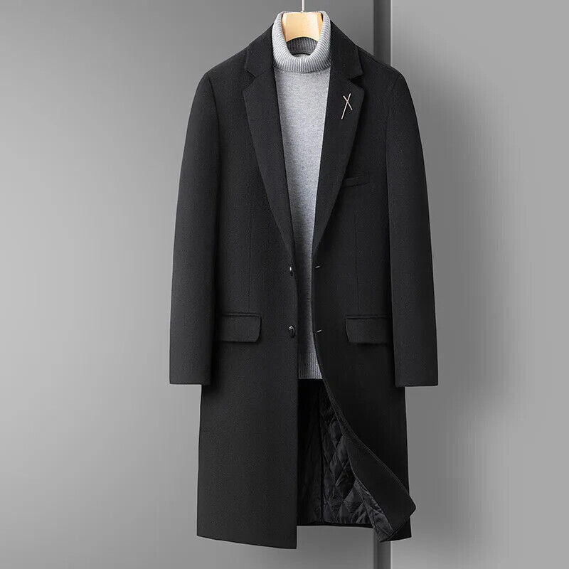 Men's Handsome Wool Coat Coat Long Coat Men （Winter) Polyester