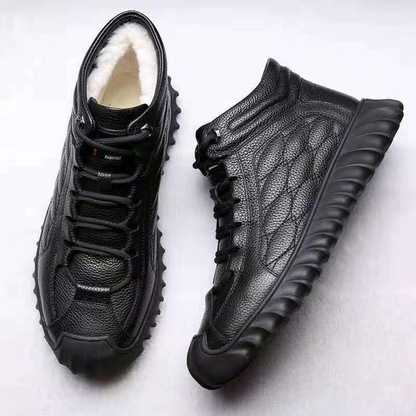 Winter Fur Lined Men's Warm Lace-Up Shoes Faux Leather High-Top Ankle Snow Boots