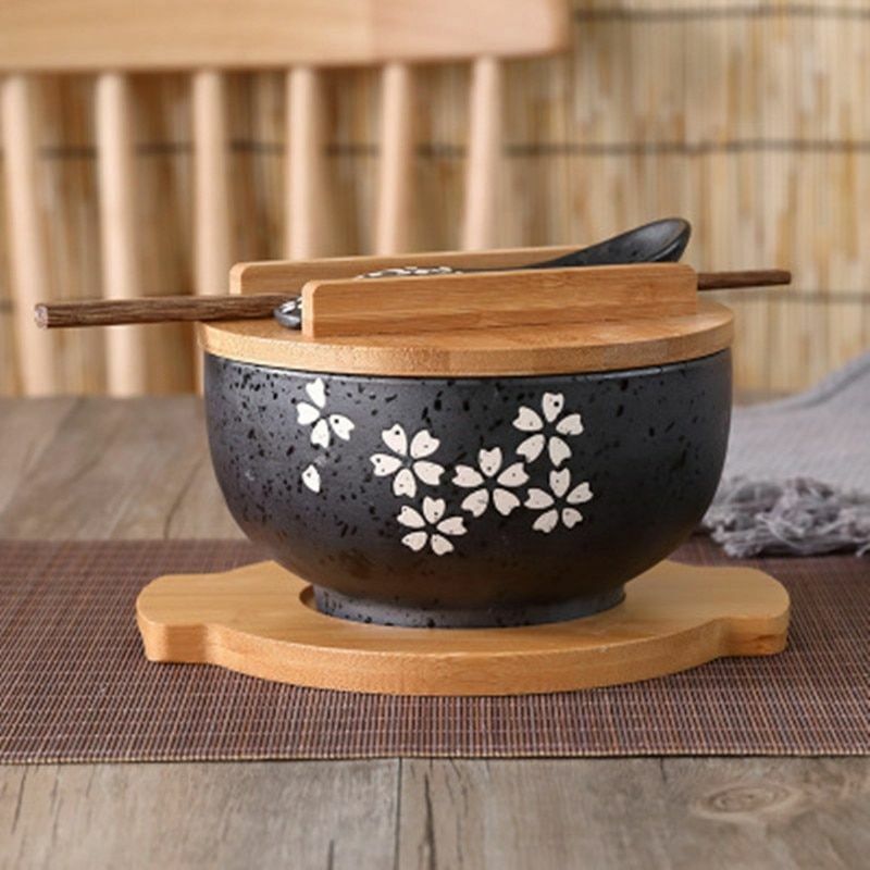 4 Piece/Set Ceramic Bowls Spoon+Chopstick Wooden Deck Instant Noodles Containers