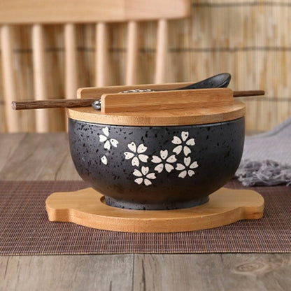 4 Piece/Set Ceramic Bowls Spoon+Chopstick Wooden Deck Instant Noodles Containers