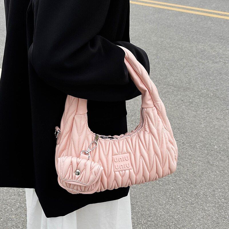 Fashion Pleated Tote Bags Shoulder Underarm Bags Soft Synthetic Leather Handbag