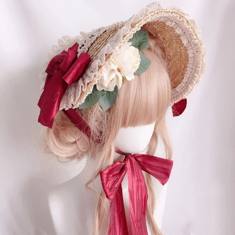 Women Lolita Hats Pastoral Style Flat Tops Lace Flower Ribbon Straw Beach Bonnet