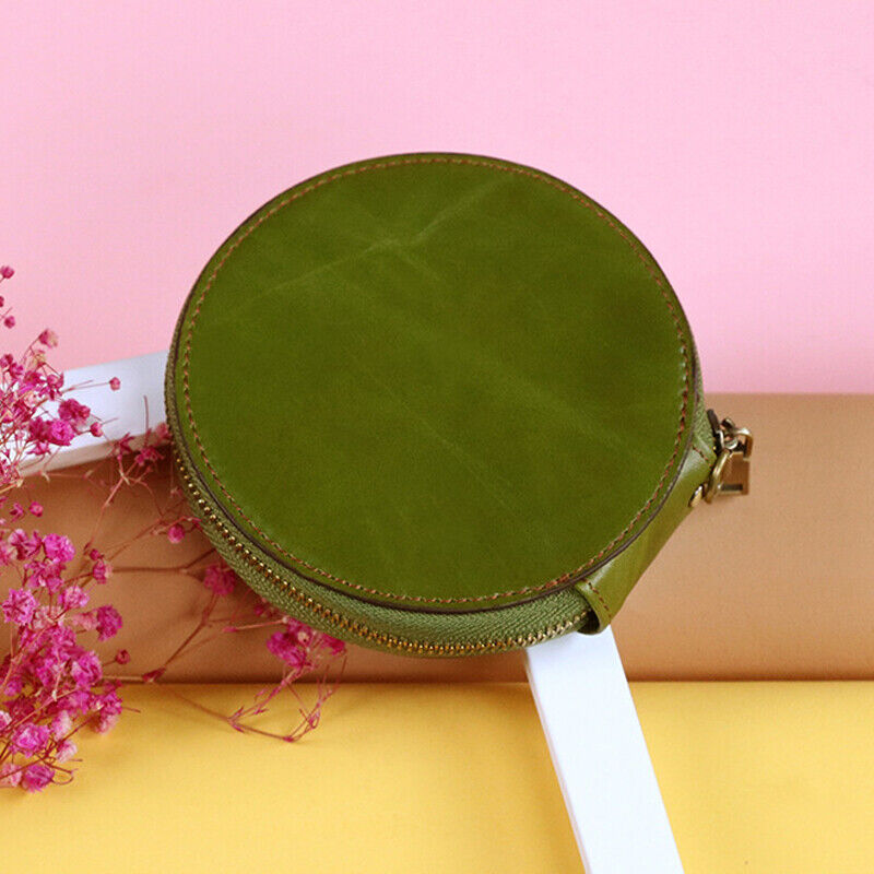 Handmade Cowhide Leather Coin Purse Retro Round Zipper Storage Bag Small Wallet