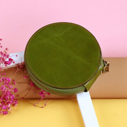 Handmade Cowhide Leather Coin Purse Retro Round Zipper Storage Bag Small Wallet