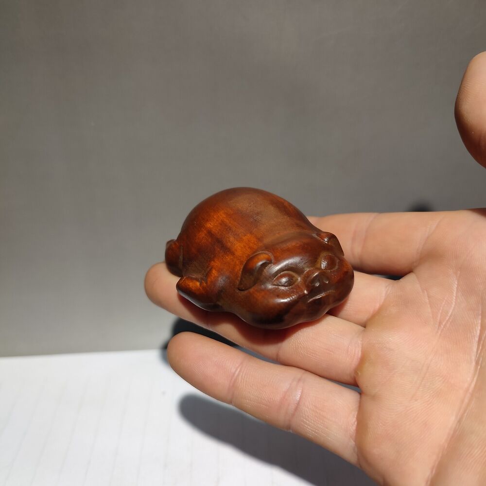 antique wood carving Handmade Statuette figurine small mini wooden Lazy pig gift