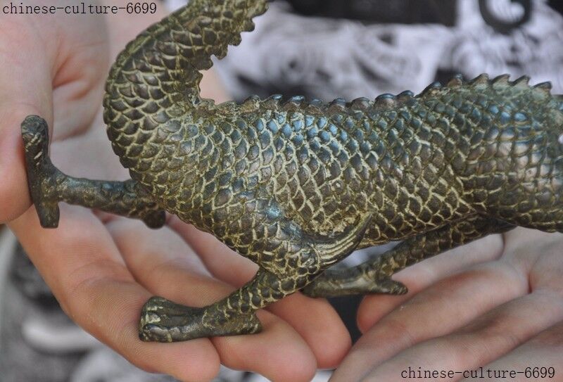 China Old Bronze Feng Shui Auspicious Dragon Loong Dragons Zodiac Animal Statue