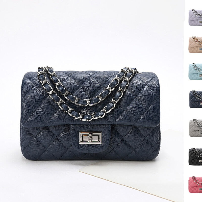 Quilted Real Leather Caviar Effect Double Flap Shoulder bag Handbag Purse Chains