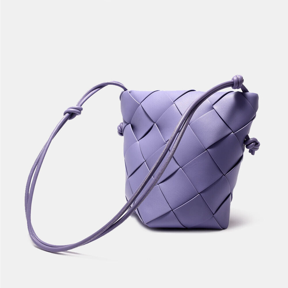 Woven Real Leather Bucket Basket Shoulder Bag Clutch Purse Tote Crossbody Women