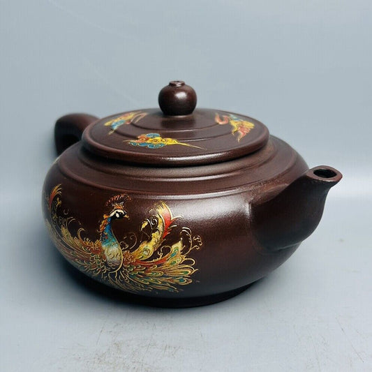 Chinese Yixing Purple Clay Teapot Zisha Ceramic Painted Fine Peacock Tea Set Art