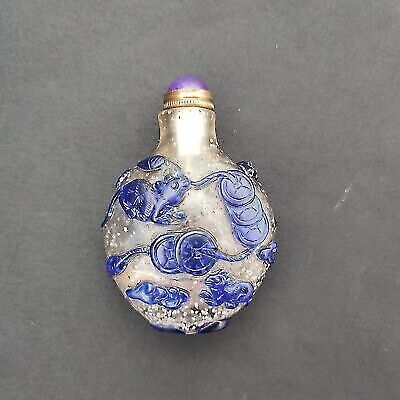 vintage peking glass snuff bottle collect carving bat statue box blue mouse art