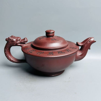 Chinese Yixing Purple Clay Teapot Zisha Ceramic Carving Dragon Phoenix Teaware