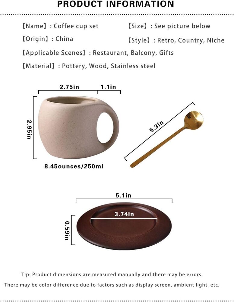 Retro Cappuccino Mug Set Ceramic Espresso Cup with a Wooden Coaster Kitchen Gift