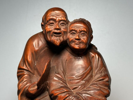 Vintage Boxwood Chinese Antique Carved Old Men Women Statue Wooden Ornaments Art