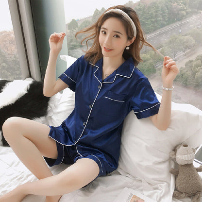 Women Set 2Pcs Satin Pajamas Short Sleeve Button-Down Sleepwear Loungewear Charm