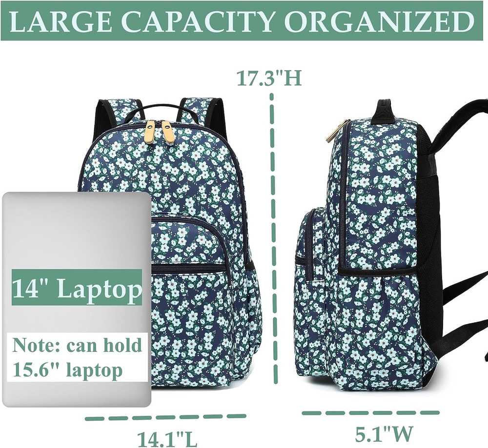 H HIKKER-LINK Womens Floral Laptop Backpack Casual Shoulder Bag Blue White-fr