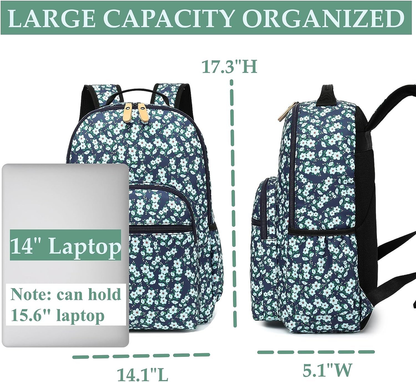 H HIKKER-LINK Womens Floral Laptop Backpack Casual Shoulder Bag Blue White-fr