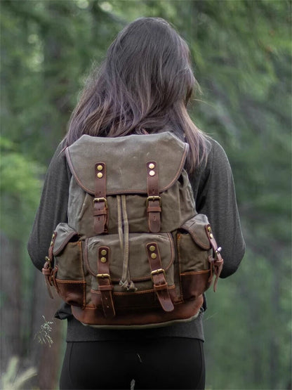 Military Retro Waterproof Oil Wax Canvas Backpack Large Capacity Man's Rucksack