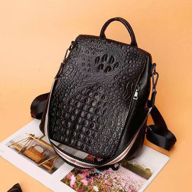 Soft Leather Black Backpack, Desinger Crocodile Print Women's Travel Bag School