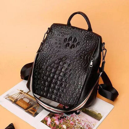 Soft Leather Black Backpack, Desinger Crocodile Print Women's Travel Bag School