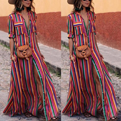 Women's button stripe casual loose long-sleeved shirt dress fashion