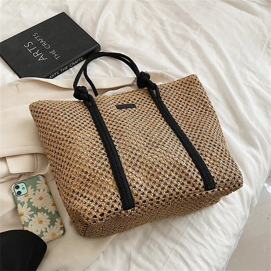 Straw Women Tote Bag Woven Handbags Handmade Travel Shopper Shoulder Bag