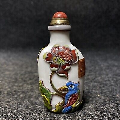 vintage chinese carved peking glass snuff bottle rare lovers bird boxes beijing