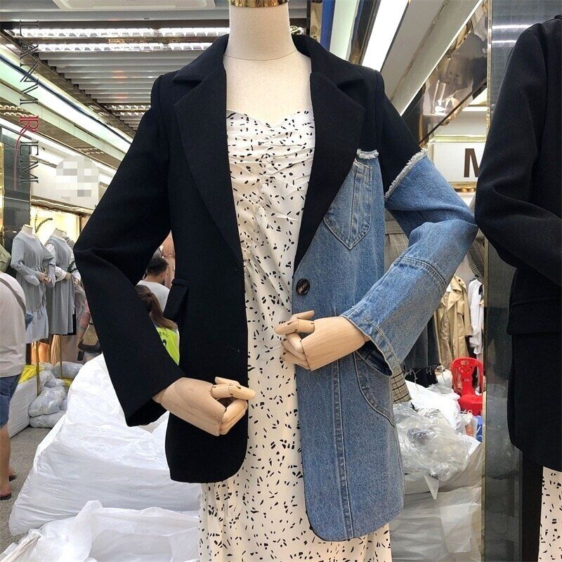 Spring Suit Stitching Denim Coat Single Breasted Color Block Jacket Coats