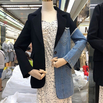 Spring Suit Stitching Denim Coat Single Breasted Color Block Jacket Coats