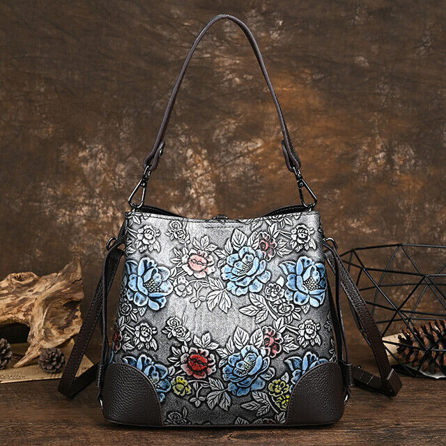 Vintage Women's Hi-Q Genuine Leather Handbags Embossed Designer Shoulder Bags