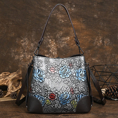 Vintage Women's Hi-Q Genuine Leather Handbags Embossed Designer Shoulder Bags