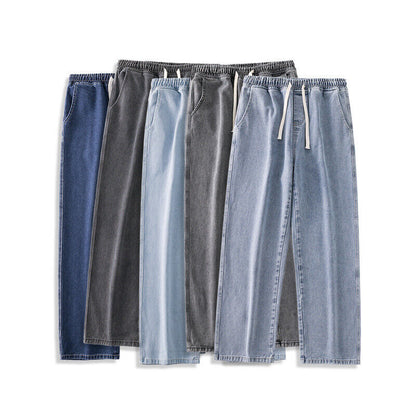 Mens Loose Wide Leg Denim Pants Drawstring Jeans Elastic Waist Baggy Trousers