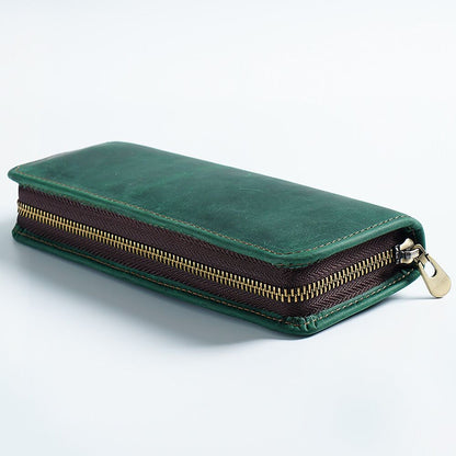 Handmade Cowhide Leather Zipper Pen Case, Pencil Case Stationery Storage Bag