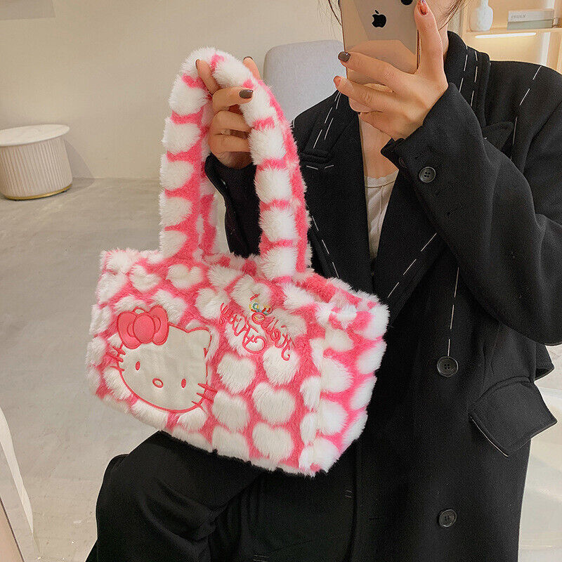 Women Plush Handbag Pink Hello Kitty Shoulder Bag Students Tote Bag Shopping