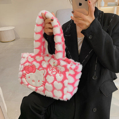 Women Plush Handbag Pink Hello Kitty Shoulder Bag Students Tote Bag Shopping