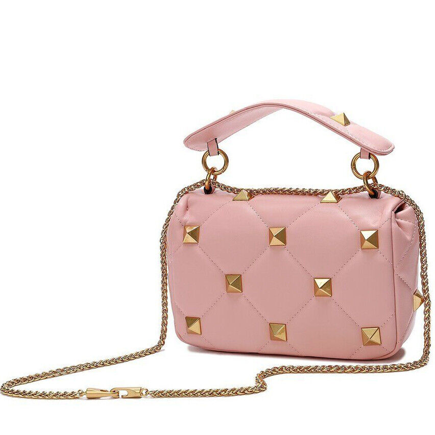 Studded Leather Shoulder Bag Women Pink/Green/Black, Soft Leather Gold Chain Bag