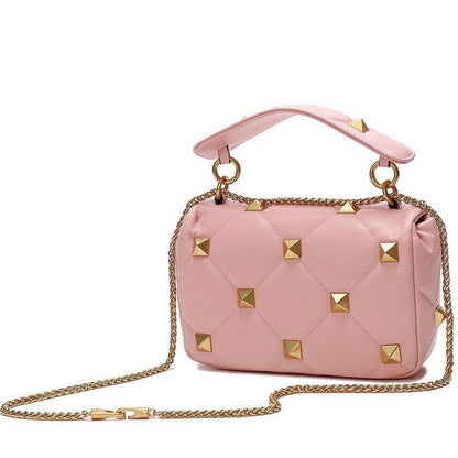 Studded Leather Shoulder Bag Women Pink/Green/Black, Soft Leather Gold Chain Bag