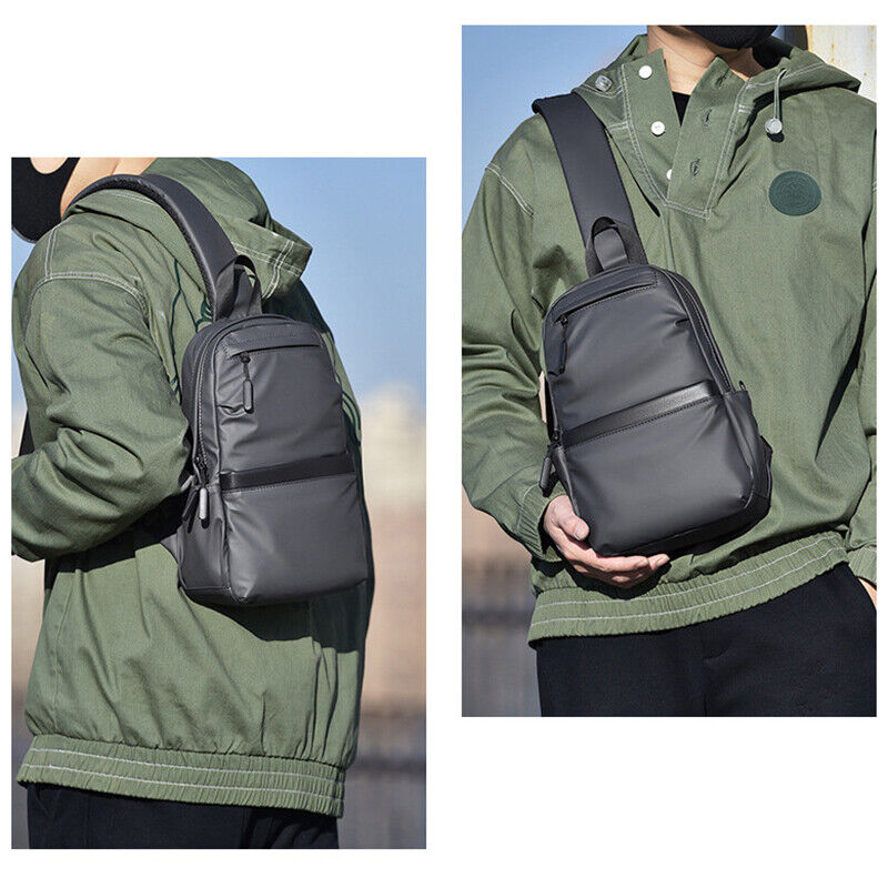 Chest Sling Bag PU Leather Travel Single Shoulder Crossbody Bag Black Gray Mens