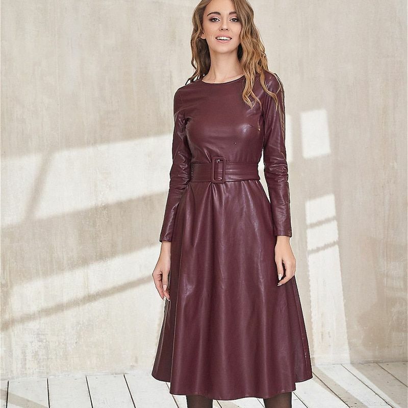 Womens Dresses Belt Faux Leather Long Sleeve Slim Fit A-line Full Length Solid
