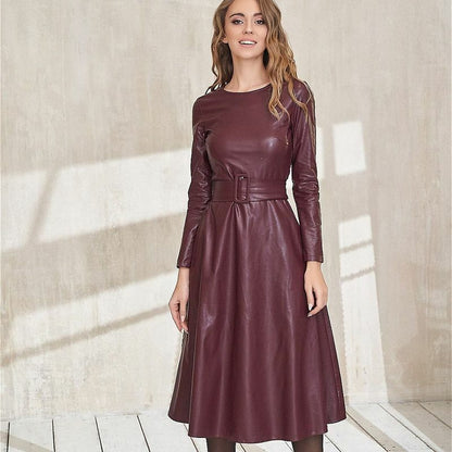 Womens Dresses Belt Faux Leather Long Sleeve Slim Fit A-line Full Length Solid