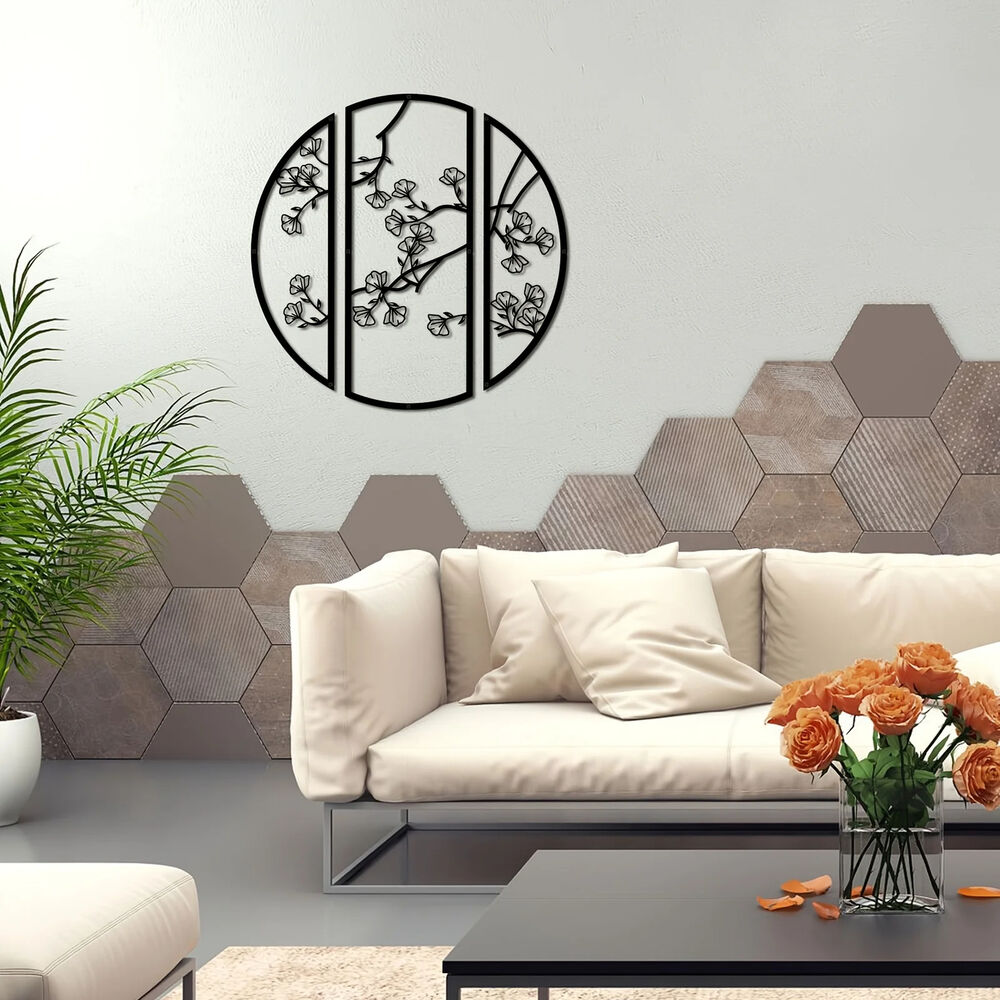 3pcs/set Ginkgo Metal Wall Art Decor, Black Simple Line Round Wall Art Sculpture
