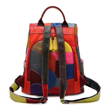 Sheepskin Leather Women's Colorful Blocks Patchwork Backpack Travel Bag Rucksack