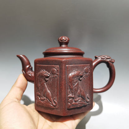 Vintage Chinese Yixing Purple Clay Teapot Zisha Ceramic Carving Tiger Teaware
