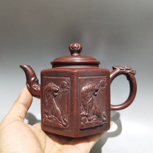 Vintage Chinese Yixing Purple Clay Teapot Zisha Ceramic Carving Tiger Teaware