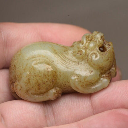 Chinese Vintage Antique Hetian Jade Carved Auspicious Beast Statue Lucky Pendant