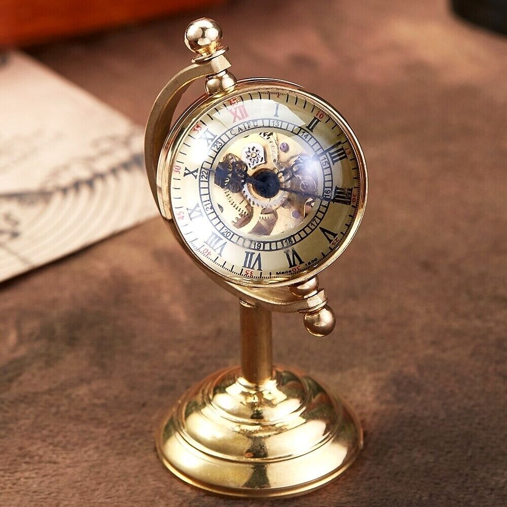 Pocket Watch Alloy Globe Shaped Golden Mechanical Hand Wind Unique Desk Ornament