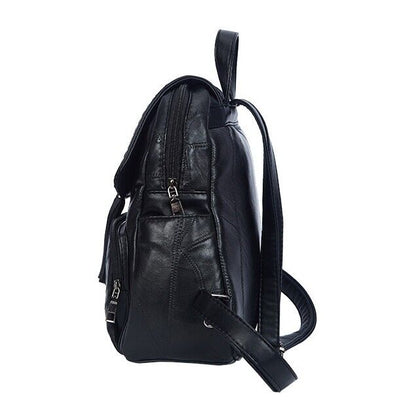 Top Soft PU Leather Black Women's Backpack Shoulder School Bag Retro Rucksack