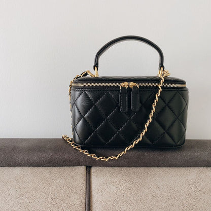 Quilted Lambskin Leather Vanity Case Chain Box Shoulder Bag ClutchTote Purse