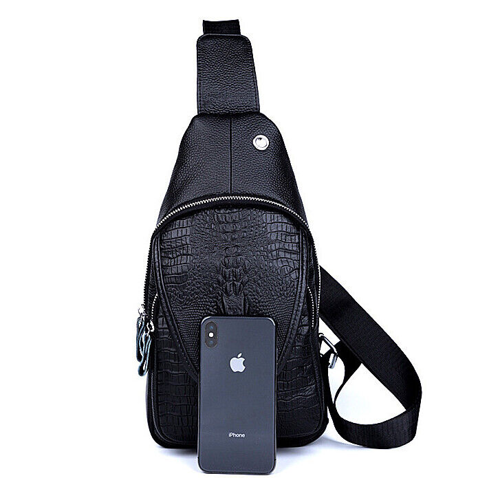 Men's Sling Backpack, 100% Genuine Leather Crocodile Crossbody Chest Bag Daypack