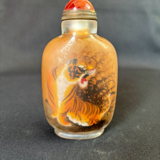 Old Peking Chinese Snuff Bottle Inside Painting Fierce Tiger Statue Glass Gift